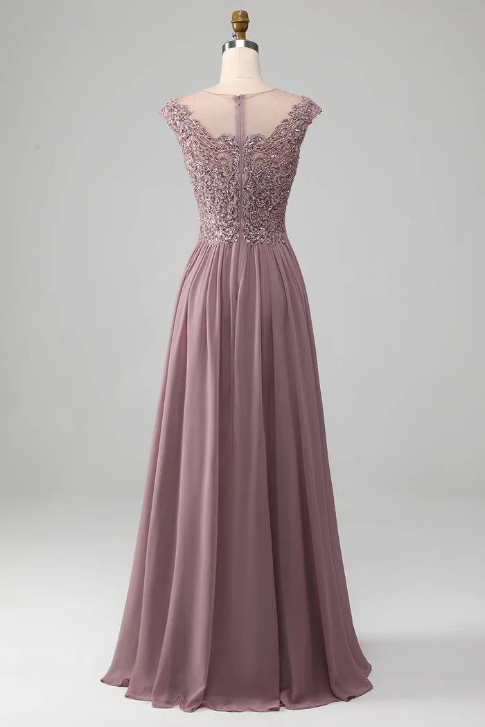 Weitese Dress A-Line Beaded Blush Plus Size Chiffon Prom Dress Maxi Dress Zipper Sleeveless Party Dress